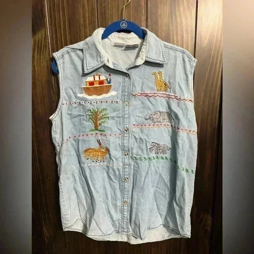 Vintage Denim Animal Embroidered sleeveless shirt Size:XL - Picture 2 of 5